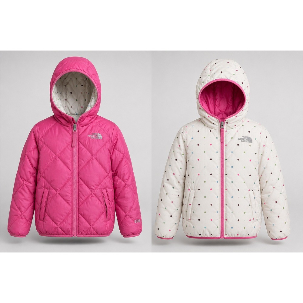 The North Face Reversible Puffer Jacket Girls L 12 Pink Polka Dot 550 Down Hood